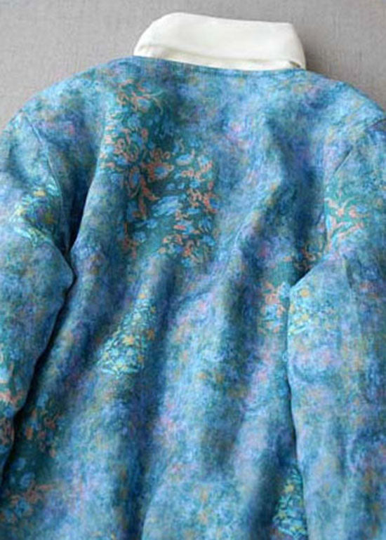 Plus Size Blauer Knopf V-Ausschnitt Print Feine Baumwolle Gefüllte Mäntel Winter