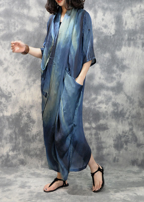 Plus Size Blau asymmetrisches Retro-Design Taschen Herbst Maxikleider Halbe Ärmel