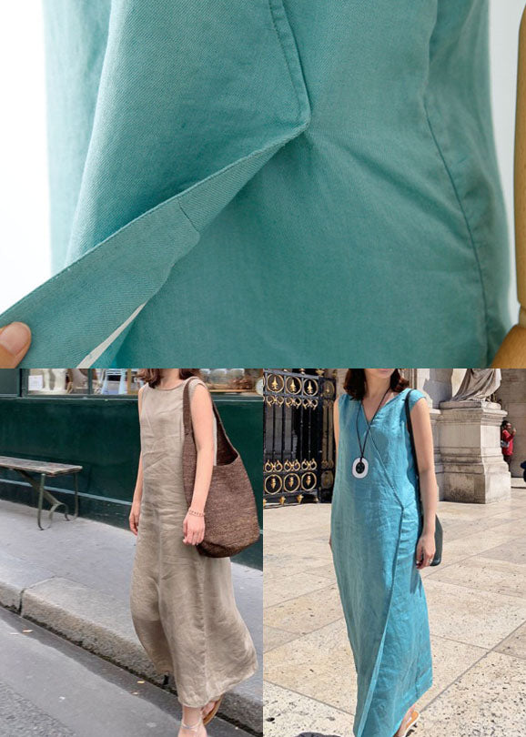 Plus Size Blaues seitlich offenes langes Leinenkleid ärmellos