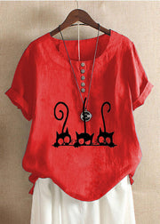 Plus Size Cartoon Cat Print Crew Neck Short Sleeve Blouse