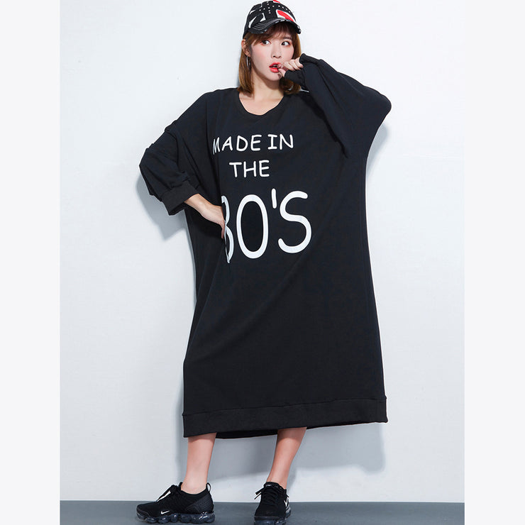Plus Size Kleidung Mädchen Letter Print Kleid Lässige lose schwarze Kleider