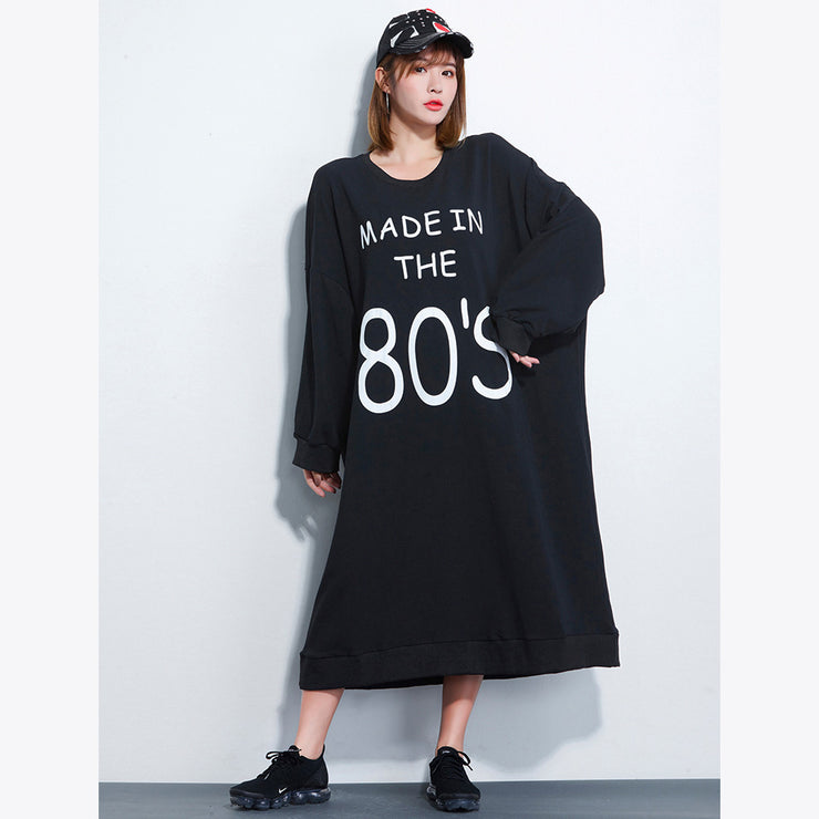 Plus Size Kleidung Mädchen Letter Print Kleid Lässige lose schwarze Kleider