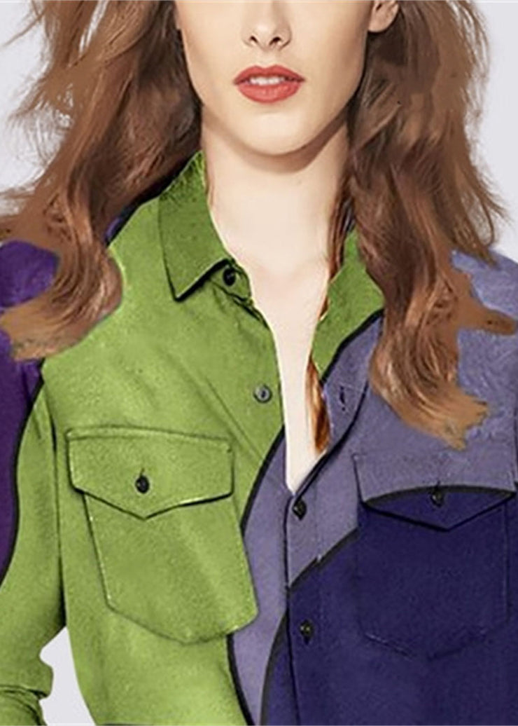 Plus Size Colorblock Peter Pan Collar button pocket Print Shirt Long Sleeve