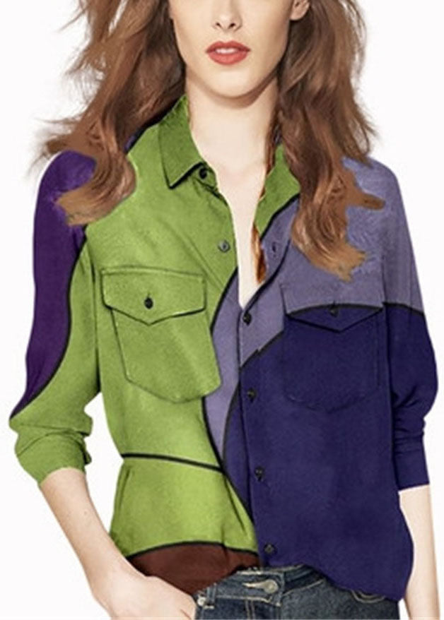 Plus Size Colorblock Peter Pan Collar button pocket Print Shirt Long Sleeve