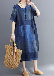 Plus Size Corron Linen Red O Neck Plaid Summer Maxi Dresses - SooLinen