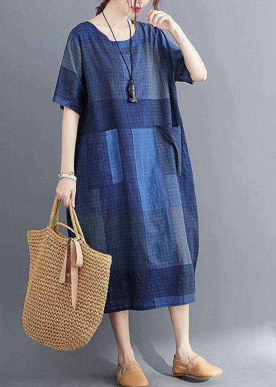 Plus Size Corron Linen Red O Neck Plaid Summer Maxi Dresses - SooLinen