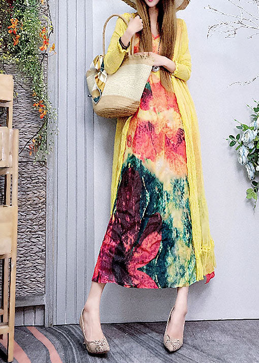 Plus Size Tailliertes Leinenkleid mit V-Ausschnitt und Print Frühling
