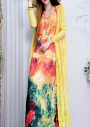 Plus Size Tailliertes Leinenkleid mit V-Ausschnitt und Print Frühling