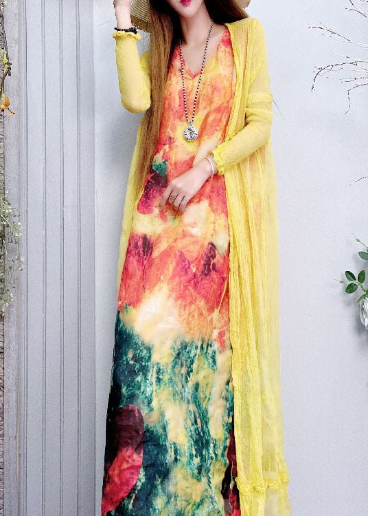 Plus Size Tailliertes Leinenkleid mit V-Ausschnitt und Print Frühling
