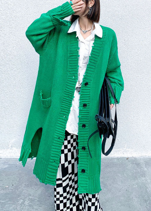 Plus Size Green Hole Seite offener Knopf Herbst Knit Langarm Cardigan
