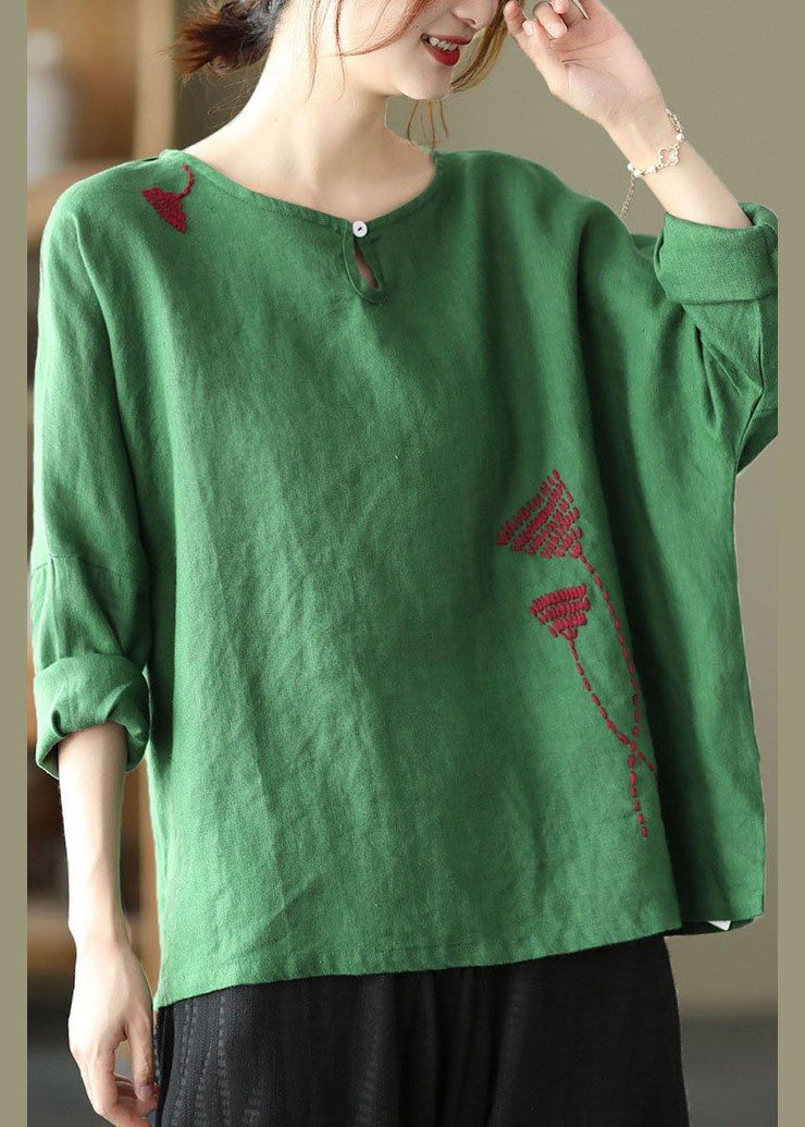 Plus Size Green Loose Embroideried Fall Linen Shirt Tops Long Sleeve - SooLinen