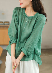 Plus Size Green Patchwork Ruffles Linen Blouses Long Sleeve