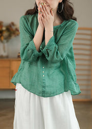 Plus Size Green Patchwork Ruffles Linen Blouses Long Sleeve
