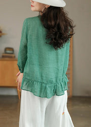 Plus Size Green Patchwork Ruffles Linen Blouses Long Sleeve