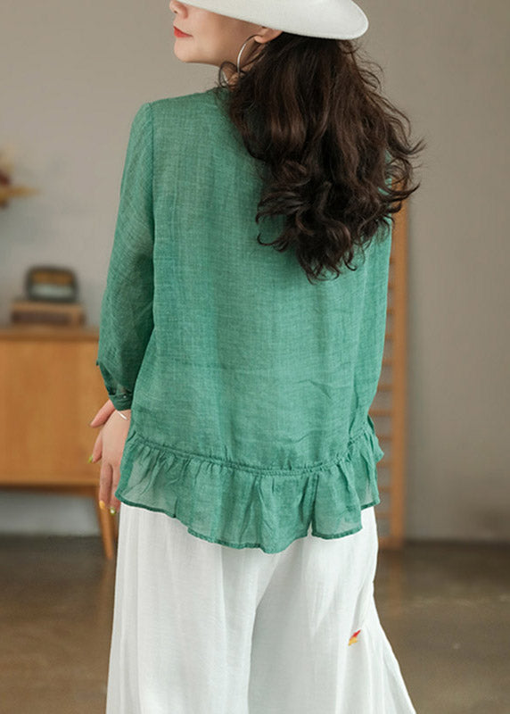Plus Size Green Patchwork Ruffles Linen Blouses Long Sleeve