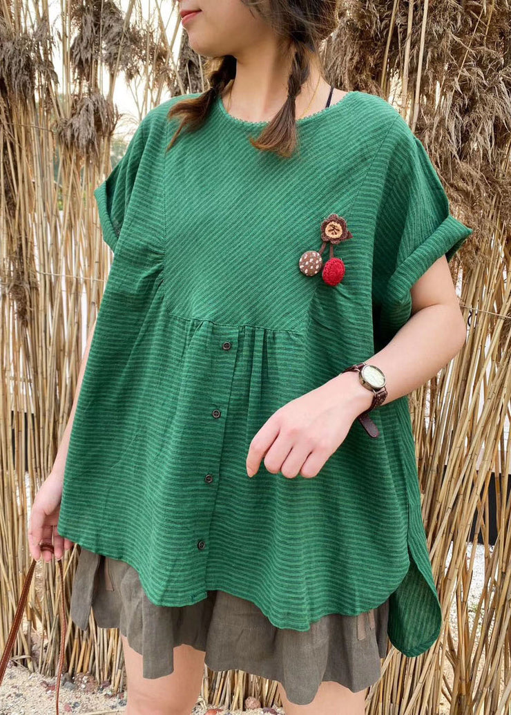 Plus Size Grün Patchwork Gestreiftes Leinenoberteil Kurzarm
