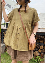 Plus Size Grün Patchwork Gestreiftes Leinenoberteil Kurzarm