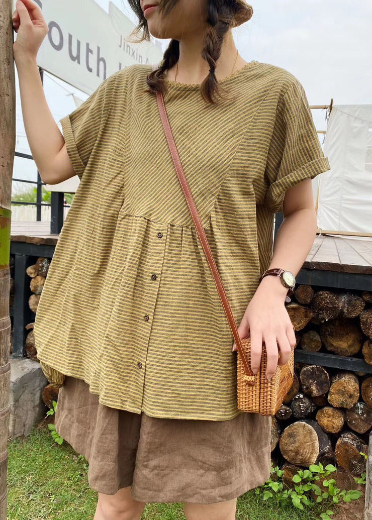 Plus Size Grün Patchwork Gestreiftes Leinenoberteil Kurzarm