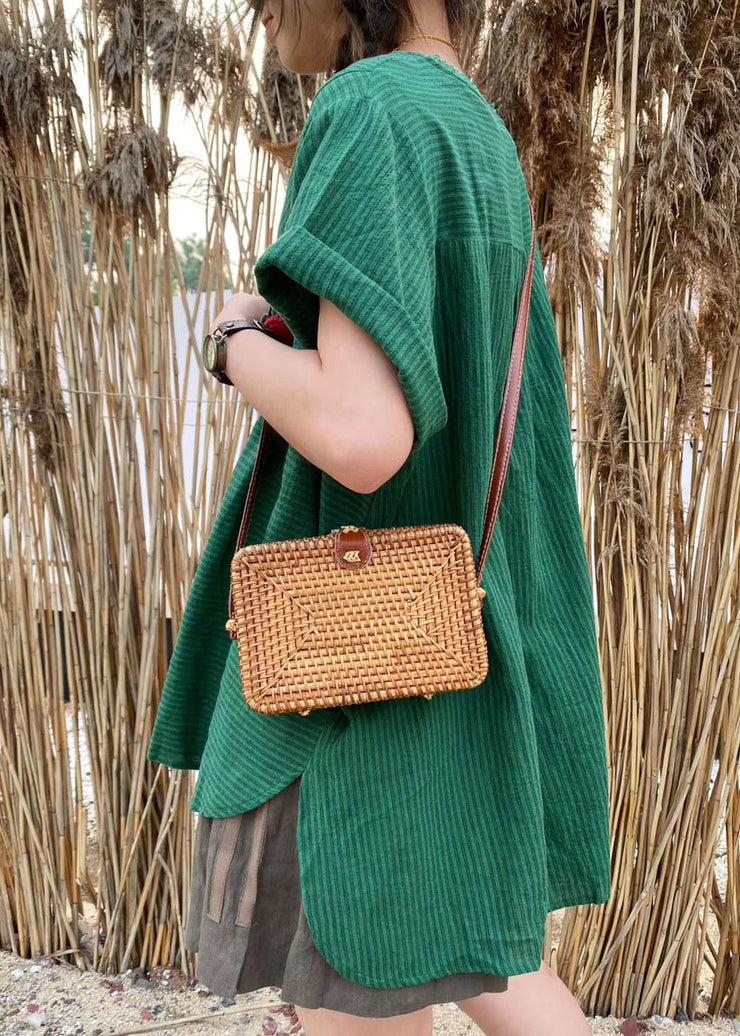 Plus Size Grün Patchwork Gestreiftes Leinenoberteil Kurzarm