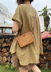 Plus Size Grün Patchwork Gestreiftes Leinenoberteil Kurzarm