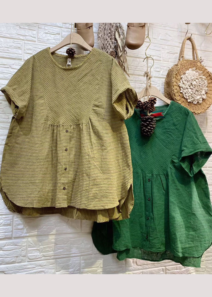 Plus Size Grün Patchwork Gestreiftes Leinenoberteil Kurzarm