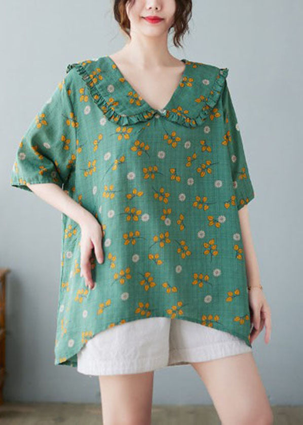 Plus Size grüner Bubikragen mit gekräuseltem Druck Leinenoberteile halbe Ärmel