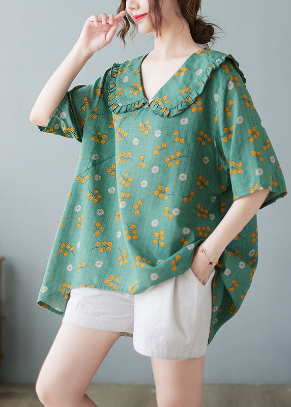 Plus Size grüner Bubikragen mit gekräuseltem Druck Leinenoberteile halbe Ärmel