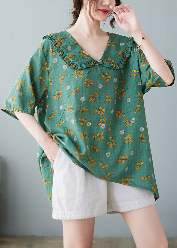 Plus Size grüner Bubikragen mit gekräuseltem Druck Leinenoberteile halbe Ärmel