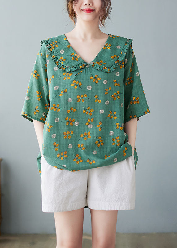 Plus Size grüner Bubikragen mit gekräuseltem Druck Leinenoberteile halbe Ärmel