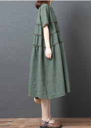 Plus Size Green Plaid O-Neck Wrinkled Patchwork Linen Party Dress Short Sleeve