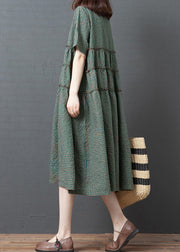 Plus Size Green Plaid O-Neck Wrinkled Patchwork Linen Party Dress Short Sleeve
