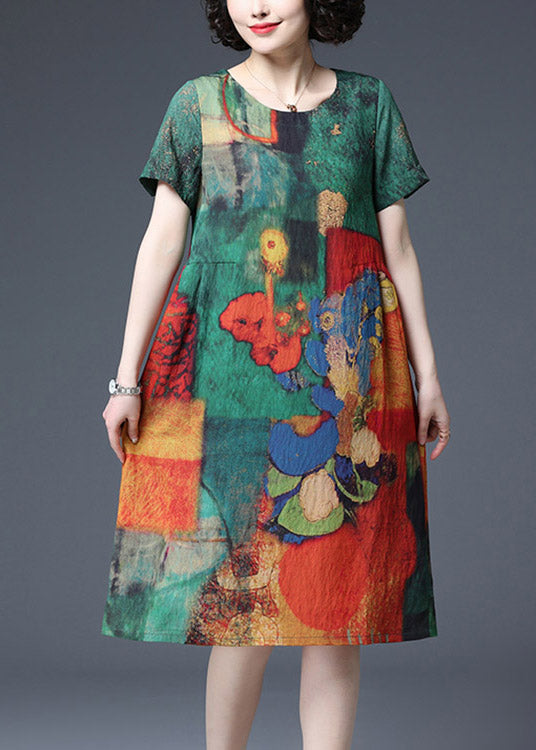 Plus Size Green Print zerknitterte Baumwollkleider mit kurzen Ärmeln