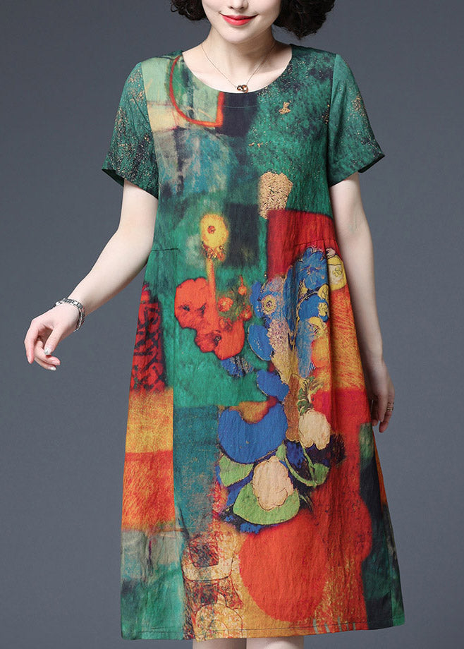 Plus Size Green Print zerknitterte Baumwollkleider mit kurzen Ärmeln