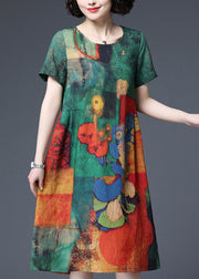 Plus Size Green Print zerknitterte Baumwollkleider mit kurzen Ärmeln