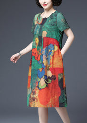 Plus Size Green Print zerknitterte Baumwollkleider mit kurzen Ärmeln