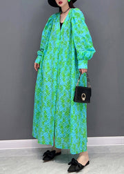 Plus Size Green V Neck Print Button Shirt Dress Long Sleeve