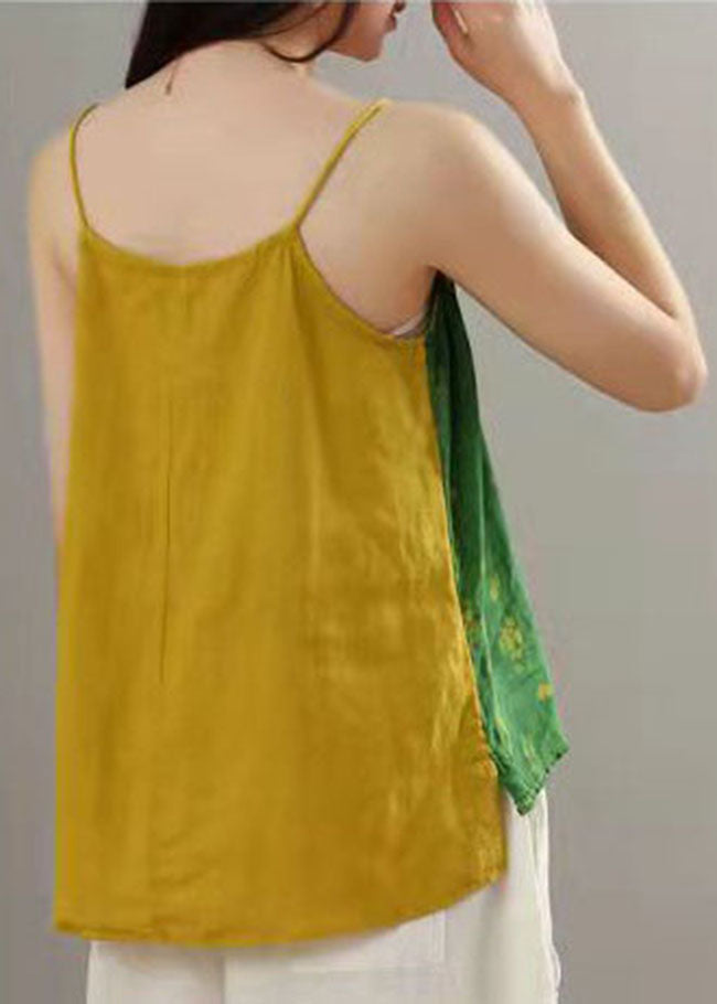 Plus Size Green print Patchwork Spaghetti Strap tops Summer