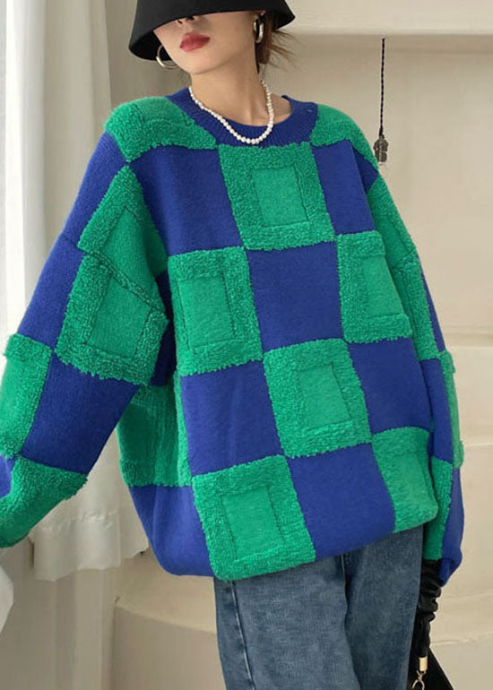 Plus Size Grüner dicker karierter Strickpullover Winter