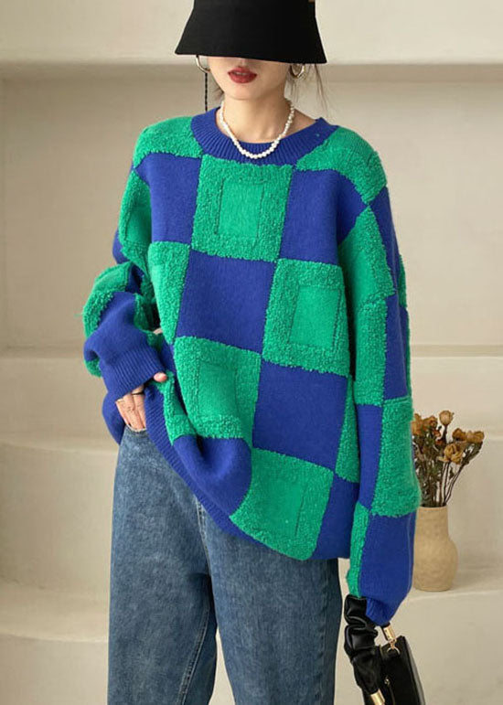 Plus Size Grüner dicker karierter Strickpullover Winter