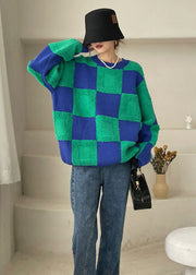 Plus Size Grüner dicker karierter Strickpullover Winter