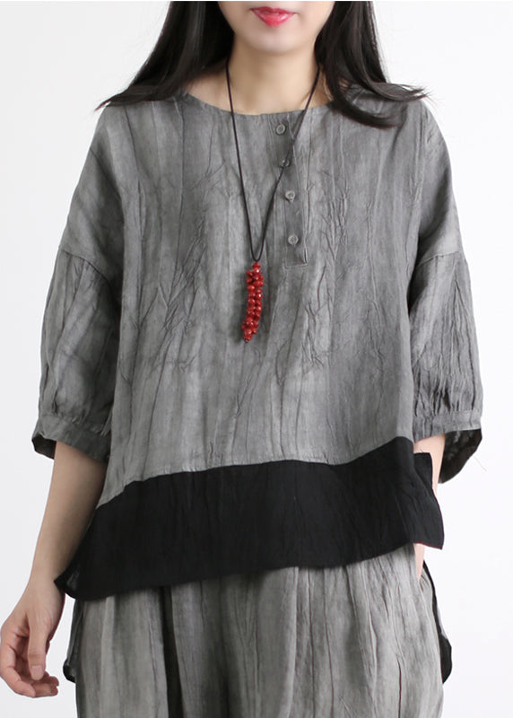 Plus Size Grau O-Neck Patchwork Leinen Zweiteiler Outfits Halbarm