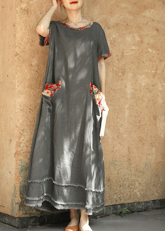 Plus Size Grey O-Neck pocket Patchwork Linen Ankle Dress Short Sleeve
