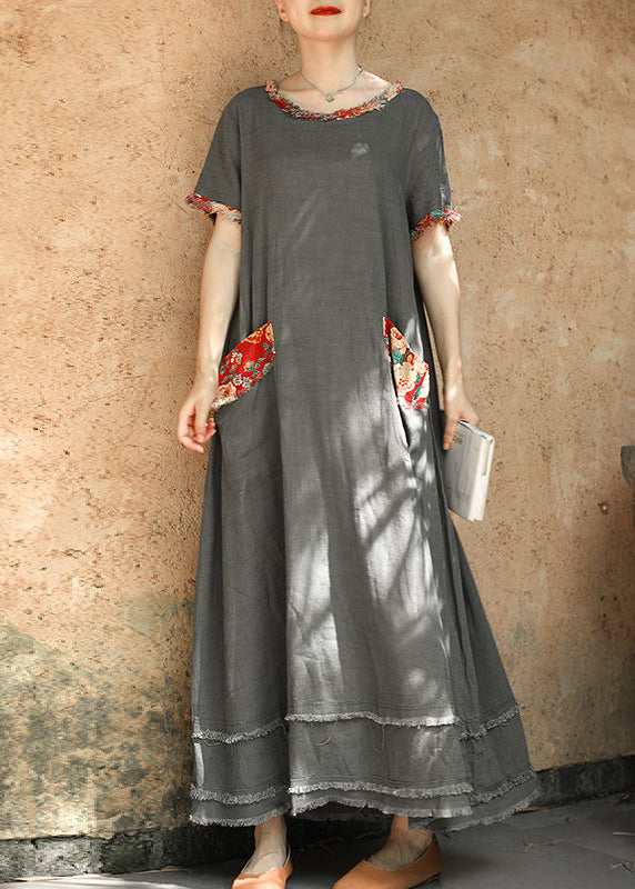 Plus Size Grey O-Neck pocket Patchwork Linen Ankle Dress Short Sleeve