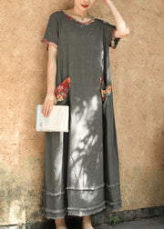 Plus Size Grey O-Neck pocket Patchwork Linen Ankle Dress Short Sleeve
