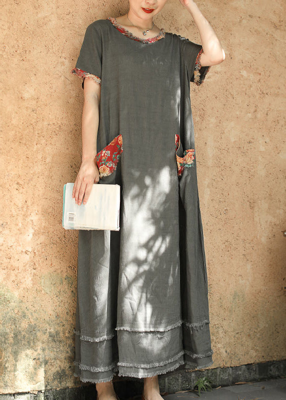 Plus Size Grey O-Neck pocket Patchwork Linen Ankle Dress Short Sleeve