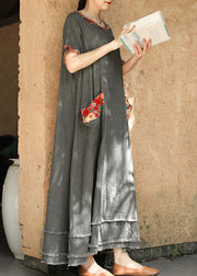 Plus Size Grey O-Neck pocket Patchwork Linen Ankle Dress Short Sleeve