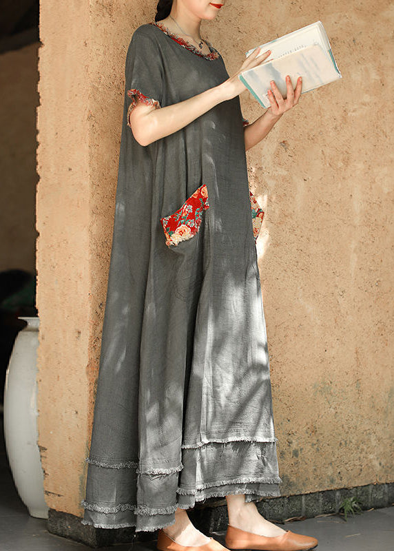 Plus Size Grey O-Neck pocket Patchwork Linen Ankle Dress Short Sleeve