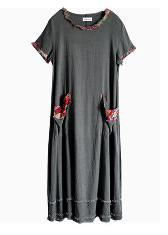 Plus Size Grey O-Neck pocket Patchwork Linen Ankle Dress Short Sleeve
