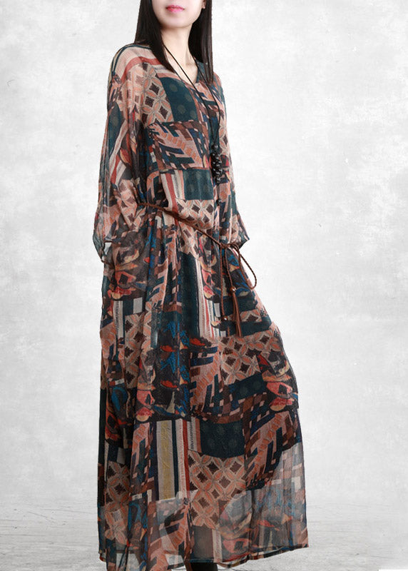 Plus Size Khaki Blau V-Ausschnitt Print Taschen Krawatte Taille Chiffon Kleid Dreiviertel Ärmel
