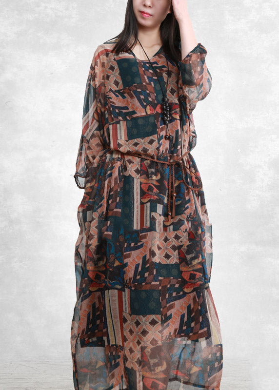 Plus Size Khaki Blau V-Ausschnitt Print Taschen Krawatte Taille Chiffon Kleid Dreiviertel Ärmel